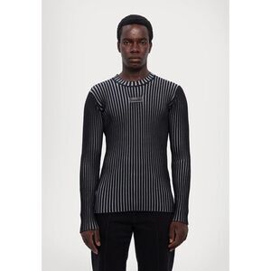 VERSACE Sweater Mens Medium Black Pullover Slim Fit Ribbed Logo Plate $500